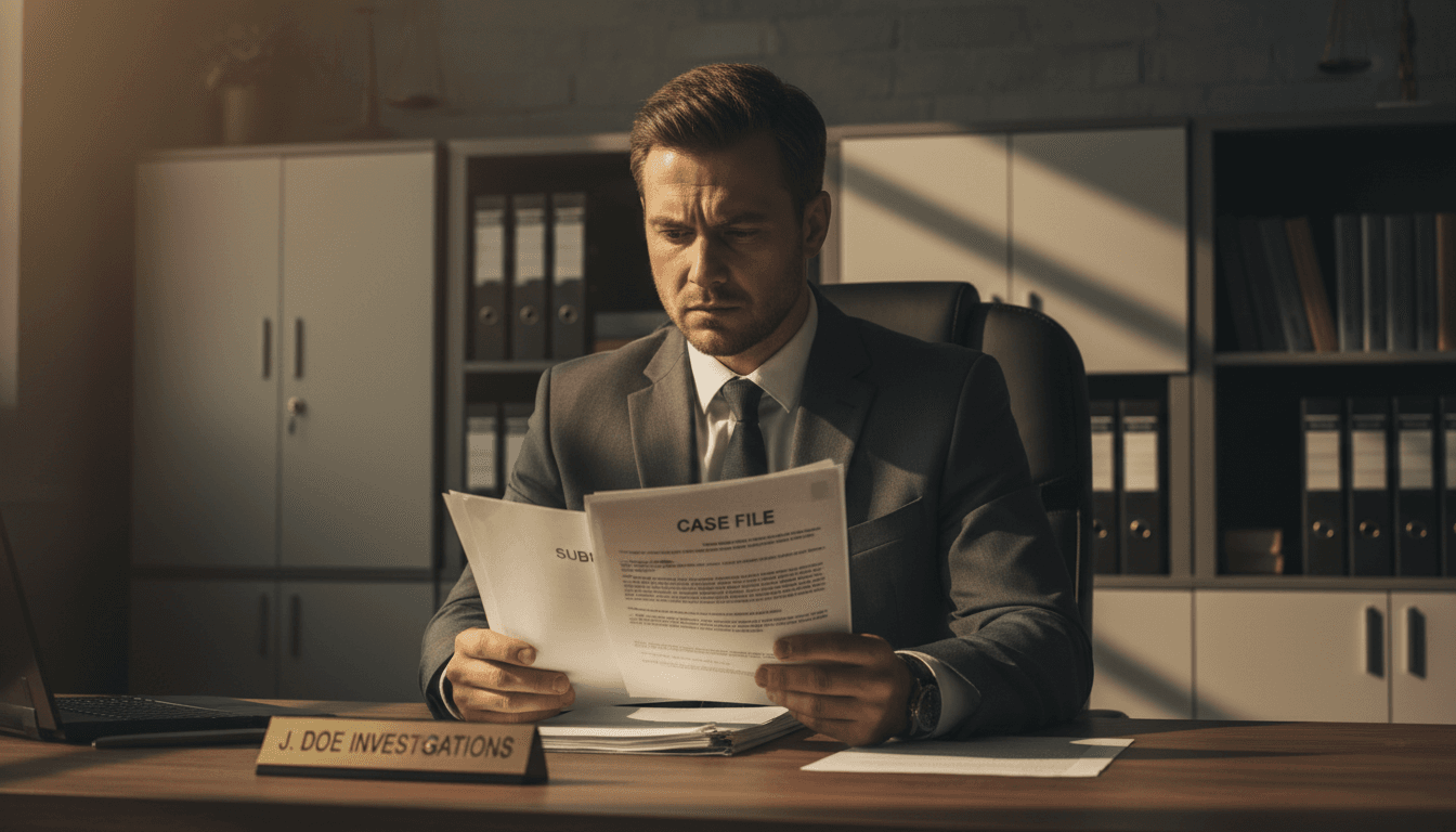 Professional process server reviewing case documents with focused determination in an office setting