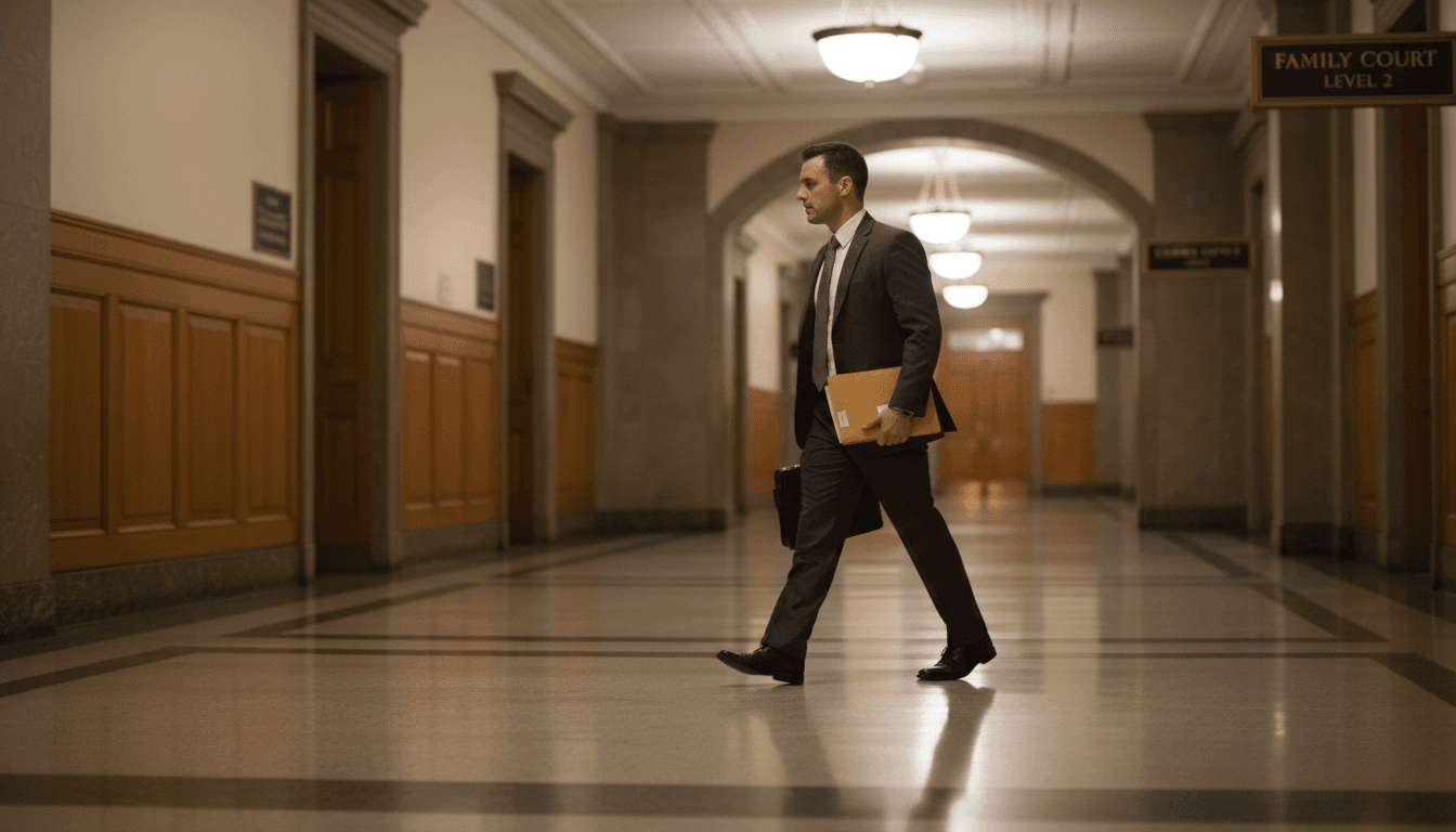 Professional process server walking through courthouse hallway