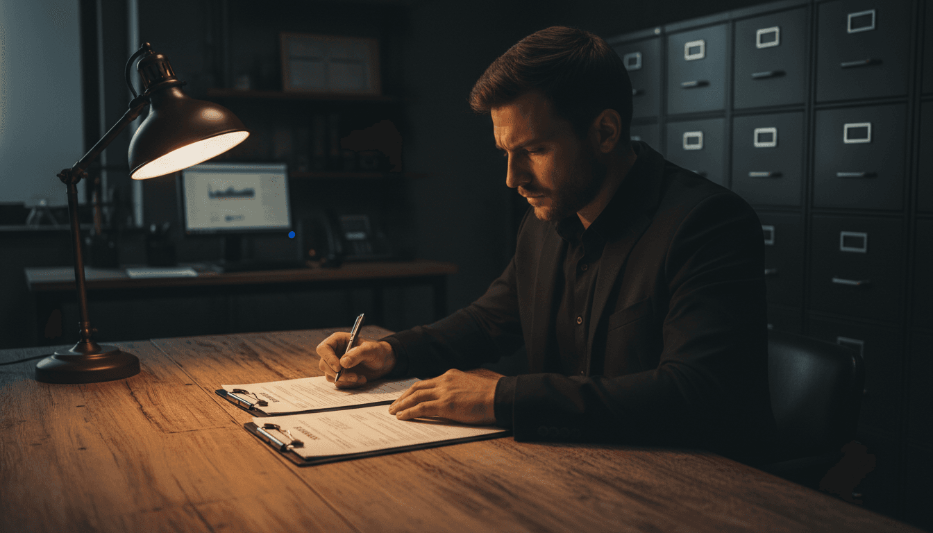 Process server carefully reviewing legal documents at desk with focused attention to detail
