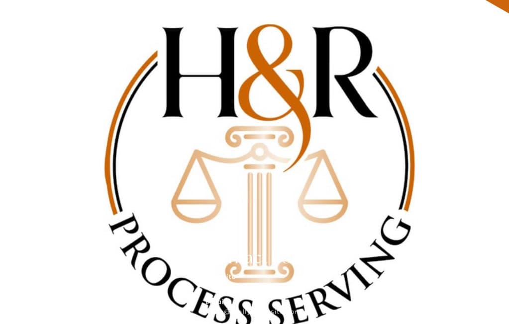 H&R Process Serving logo with black text, orange ampersand, and gold scales of justice.